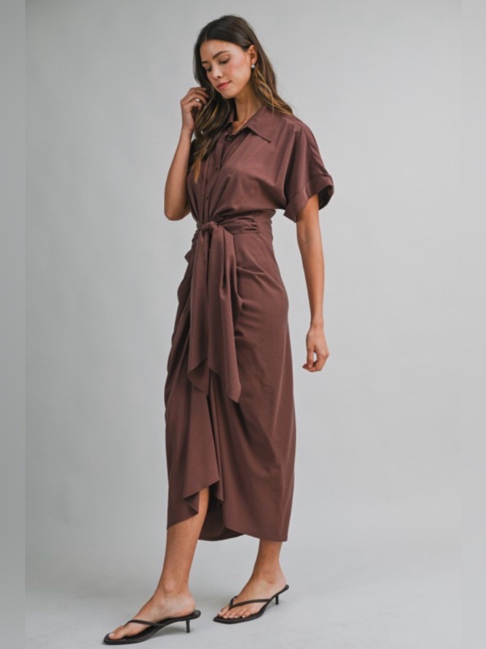 A706. Mable Tie-Waist Shirt Dress in Chocolate Brown - Picture 5 of 7